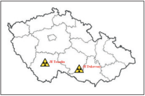 Ilustrační grafika - mapa ČR s vyznačenými jadernými elektrárnami Temelín a Dukovany