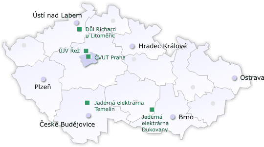 Mapa ČR s nejvýznamnějšími jadernými zařízeními